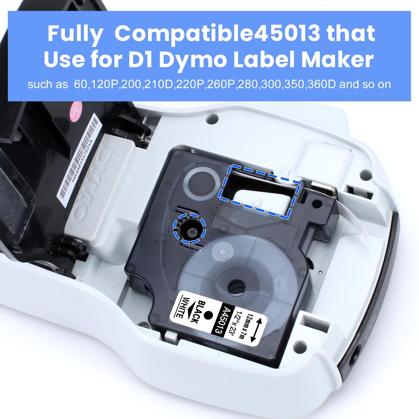 Replace for 45013 Dymo Label Maker Refill a45013 Compatible with D1 Dymo cartridges 12mm x 7m (1/2'' x 23') Use for Dymo LabelManager 160 280 COLORPOP 450 Duo 360D Label Maker, Black on White, 5Pack