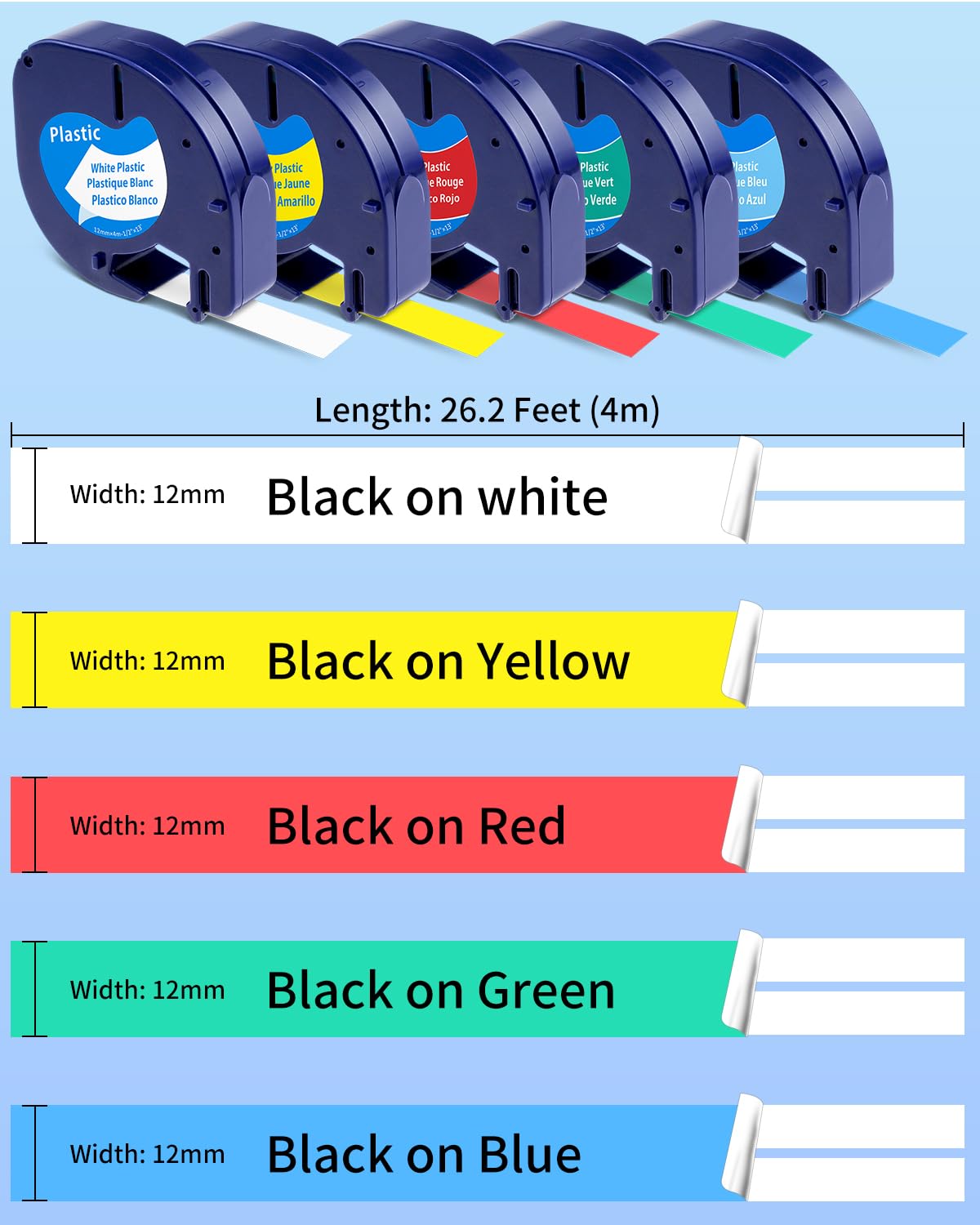 Anycolor Compatible with Dymo LetraTag Refills Label Maker Refills 12mm x 4m Colored Plastic Label Tape for Letra Tag 200B Plus LT100H LT100T QX50 Label Maker, 91331 91332 91333 91334 91335 Label