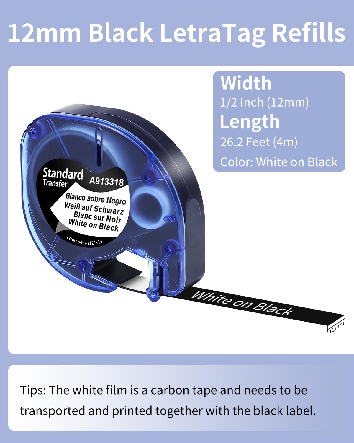 Anycolor Compatible with Dymo LetraTag Refills White on Black Plastic Tape 913318, 12mm x 4m (1/2 Inch x 13 ft) Compatible with Dymo LetraTag LT-100H LT-100T LT-110T QX50 Label Maker, 5-Pack