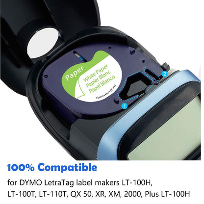 Anycolor Replacement for DYMO LetraTag Refills Paper Label Tape 91330 (10697), Compatible with DYMO LetraTag Label Makers LT-100H LT-100T QX50, Black on White, 1/2 Inch x 13 Feet, 12mm x 4m, 5-Roll