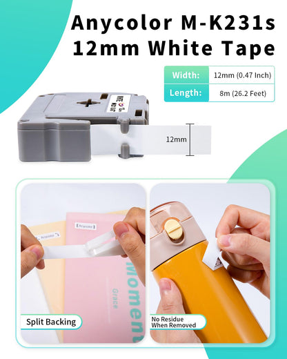 Anycolor 6-Pack Compatible with M-K231 Brother Label Tape Replacement for P Touch M Tape M231 M-231 MK231 M-K231s 12mm 0.47 White Tape Work for PT-M95 PT-90 PT70BM PT-45M 65 Label Maker Tape