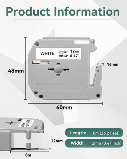 Anycolor M-K231 Label Tape Replacement for Brother P-Touch M Tape M-K231s M231 MK231 M-231 12mm 0.47 White for Brother Ptouch PT-M95 PT-70BM PT-90 PT-85 PT65 45 Label Maker Refills, 4 Pack