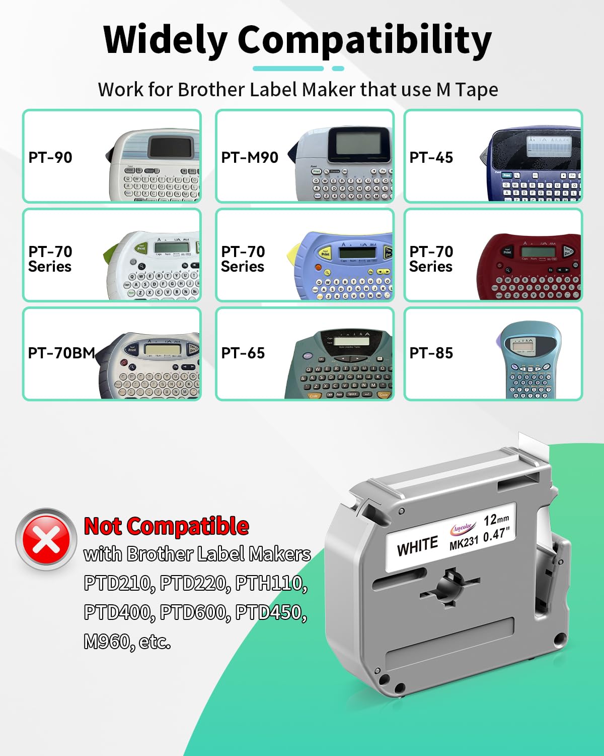 Anycolor 6-Pack Compatible with M-K231 Brother Label Tape Replacement for P Touch M Tape M231 M-231 MK231 M-K231s 12mm 0.47 White Tape Work for PT-M95 PT-90 PT70BM PT-45M 65 Label Maker Tape