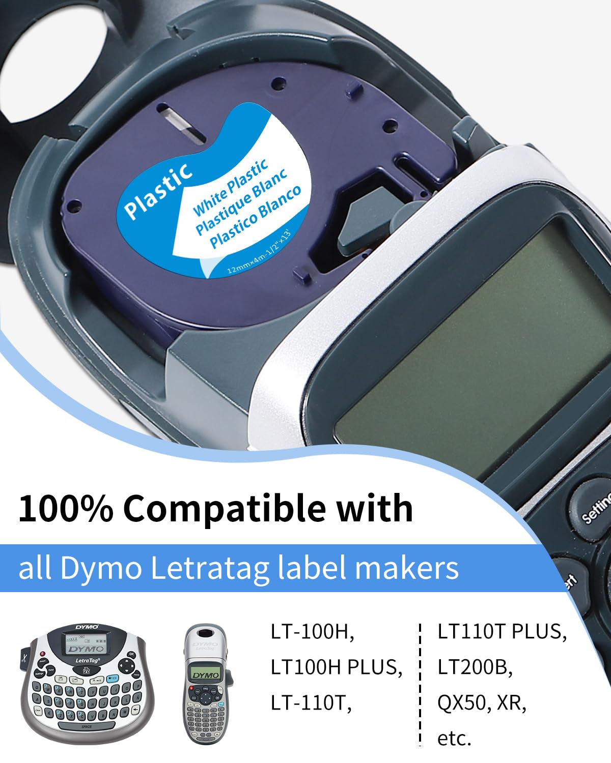 Anycolor Replacement for Dymo LetraTag Refills White Plastic 91331 Label Tape Compatible with Dymo LT-100H LT-100T LT-110T QX50 Label Maker, 1/2 Inch x 13 Ft (12mm x 4m) Black on White, 5-Pack