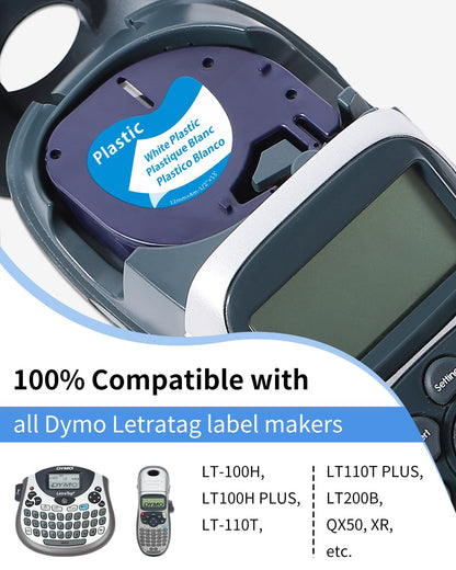 Anycolor Replacement for Dymo LetraTag Refills White Plastic 91331 Label Tape Compatible with Dymo LT-100H LT-100T LT-110T QX50 Label Maker, 1/2 Inch x 13 Ft (12mm x 4m) Black on White, 5-Pack