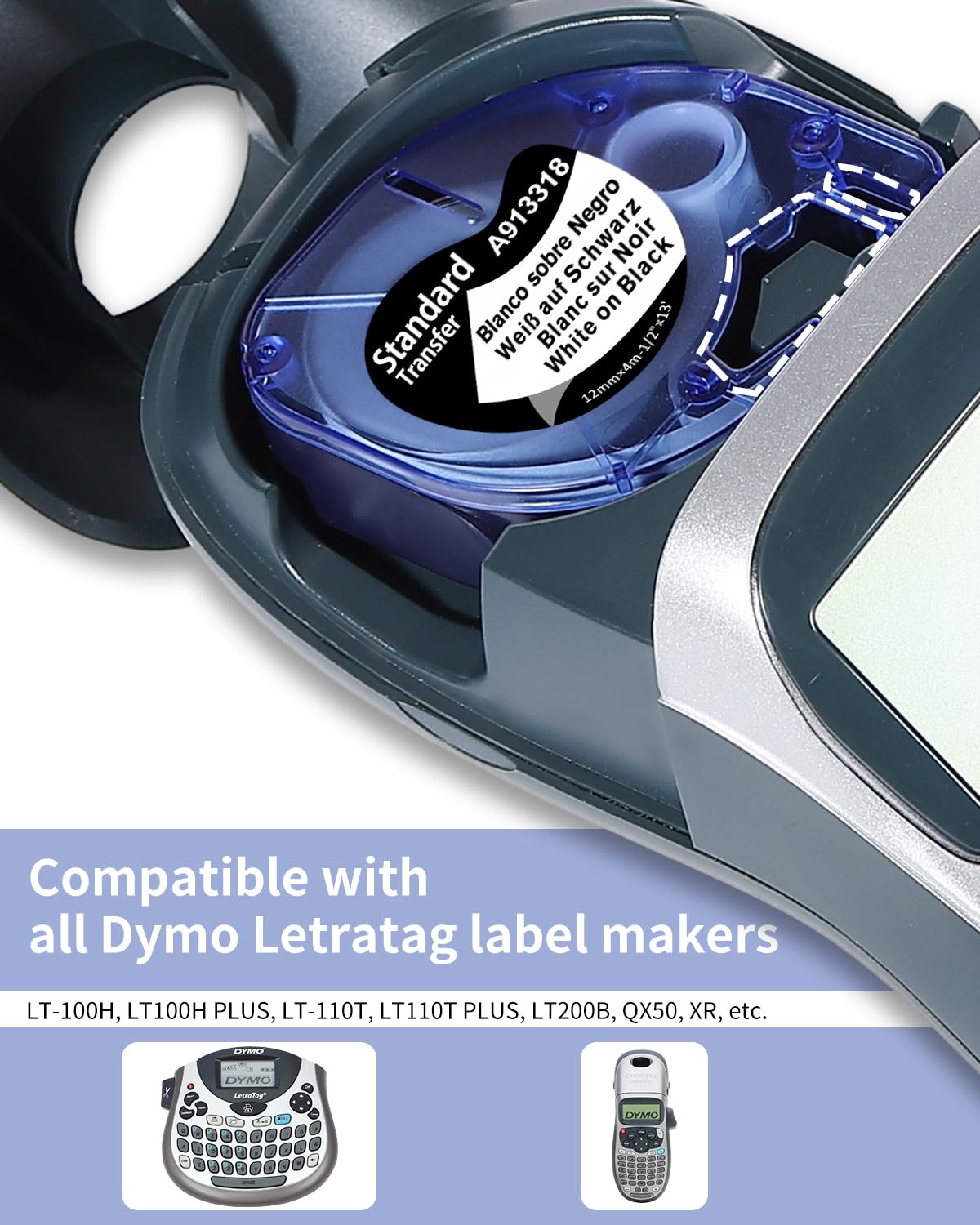 Anycolor Compatible with Dymo LetraTag Refills White on Black Plastic Tape 913318, 12mm x 4m (1/2 Inch x 13 ft) Compatible with Dymo LetraTag LT-100H LT-100T LT-110T QX50 Label Maker, 5-Pack