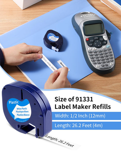 Anycolor Replacement for Dymo LetraTag Refills White Plastic 91331 Label Tape Compatible with Dymo LT-100H LT-100T LT-110T QX50 Label Maker, 1/2 Inch x 13 Ft (12mm x 4m) Black on White, 5-Pack