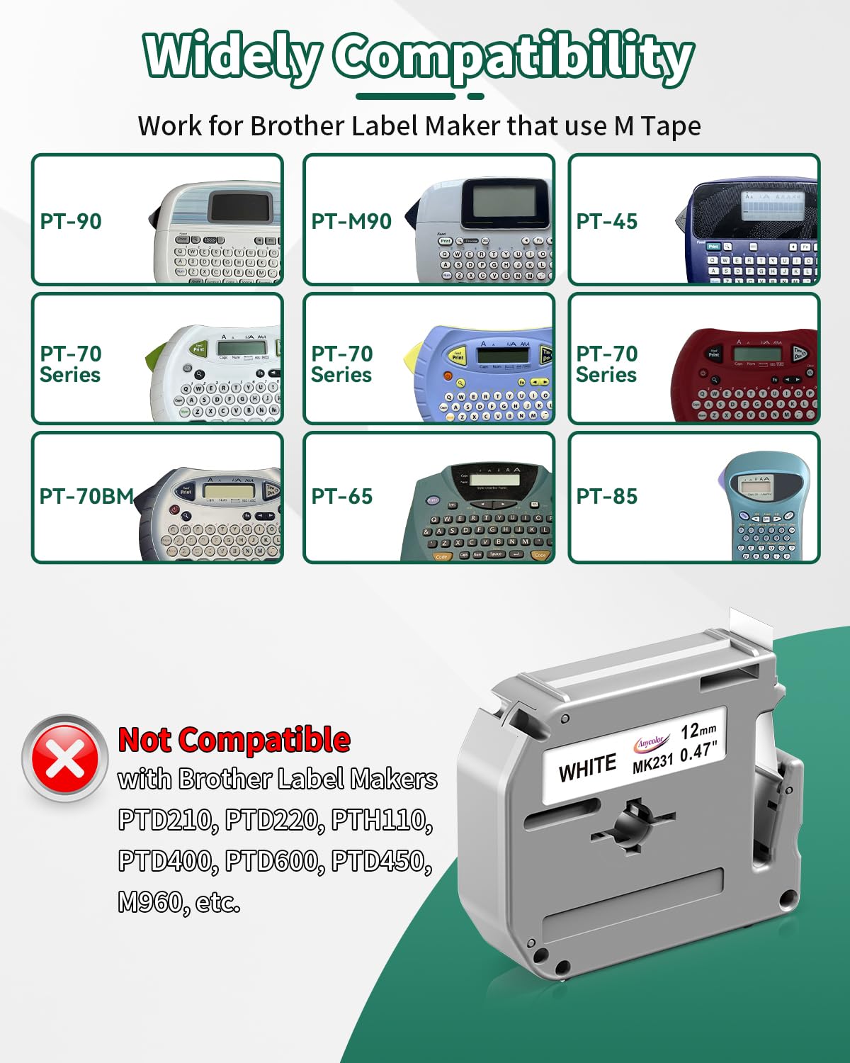 Anycolor M-K231 Label Tape Replacement for Brother P-Touch M Tape M-K231s M231 MK231 M-231 12mm 0.47 White for Brother Ptouch PT-M95 PT-70BM PT-90 PT-85 PT65 45 Label Maker Refills, 4 Pack