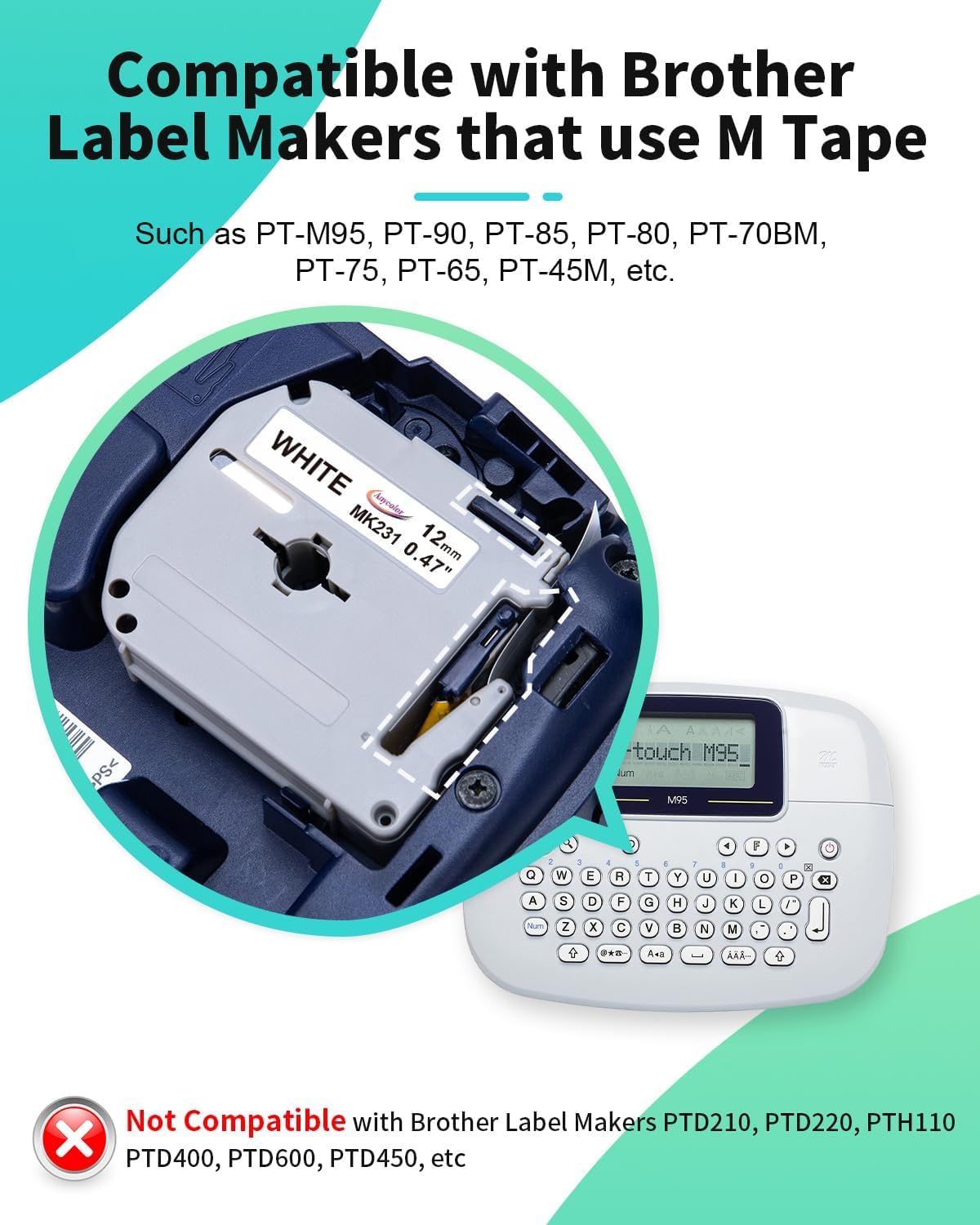 M-K231 M-K231S Label Tape Replacement for Brother M-K231 12mm 0.47 M Tape Compatible with Brother P-Touch PT-M95 PT-90 PT-65 PT-70 PT85 Label Maker,Black on White, 1/2'' x 26.2', 4P